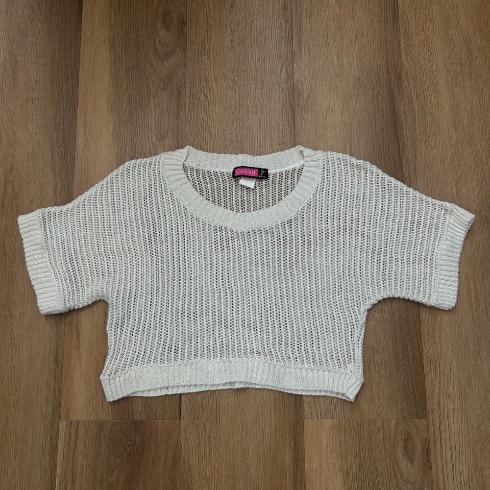 Vtg Shimmery White Open Knit Crop Top‎ Short Sleeve Boho Medium Coverup beach